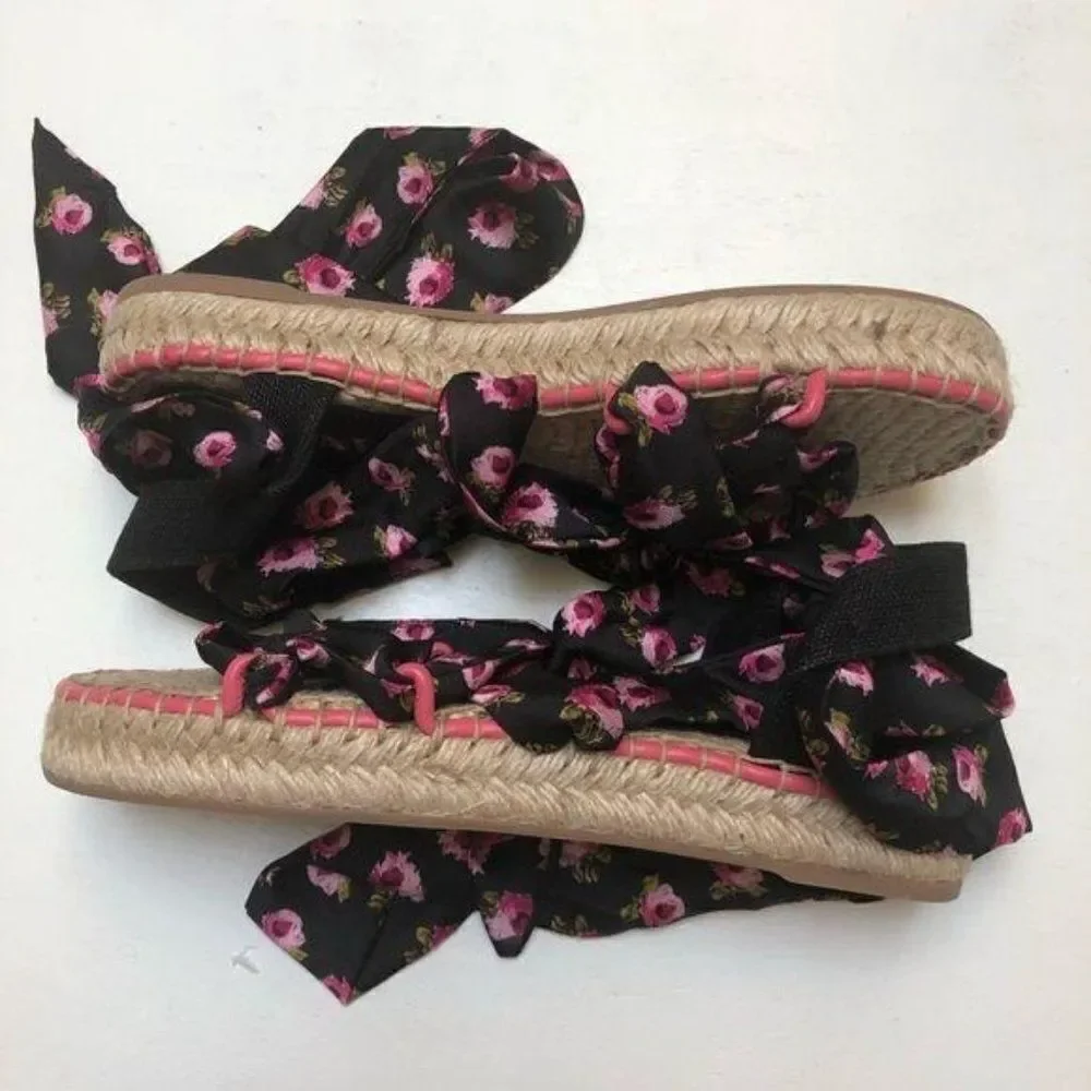 Prada Rose-Print Wraparound Platform Espadrille Sandals EU 37